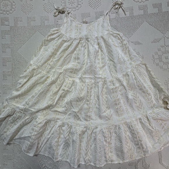 Elan White Gold Metallic Jacquard Tiered Babydoll Boho Mini Dress Size Small - Picture 6 of 14